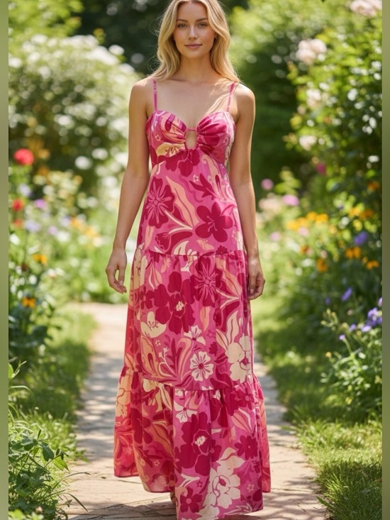Crystal Doll Dresses & Skirts - Crystal Doll Fuchsia and Cream Floral Tie-Front Maxi Dress